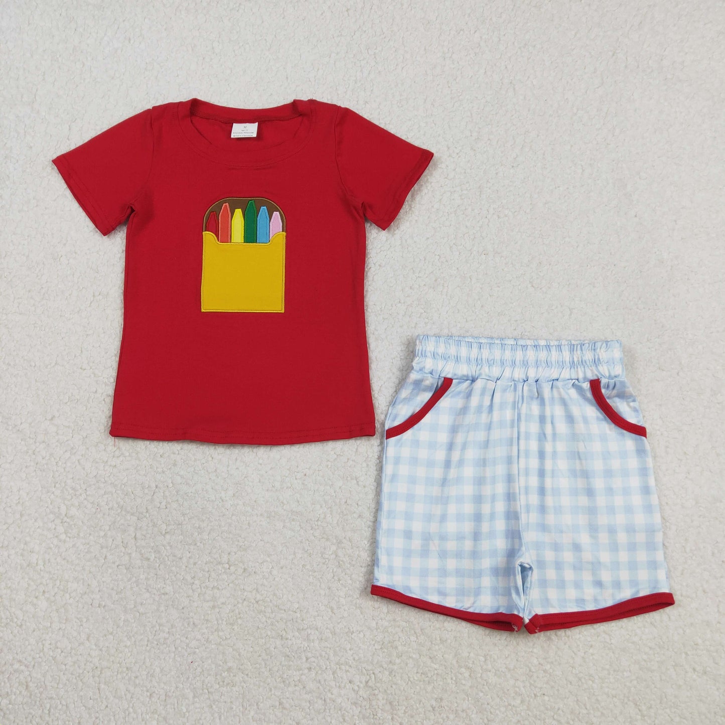 3.10 RTS NO MOQ （In stock）BSSO1819 Children's Fashion Set Baby Boys Back to School Embroidery Pencils Checked Pockets Short Clothes Sets