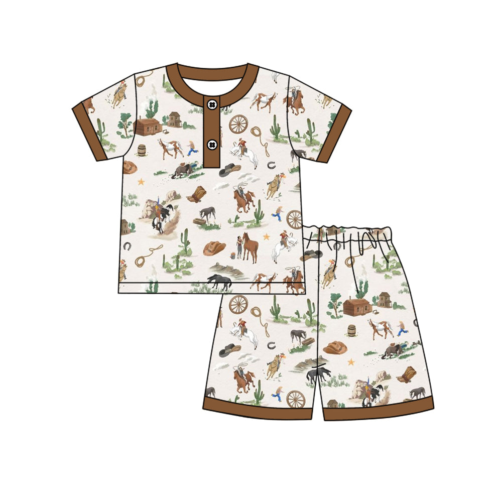 1.5 BSSO1824 Pre order No Moq Baby Boys Horse Rodeos Cactus Button Top Shorts Western Pajamas Sets