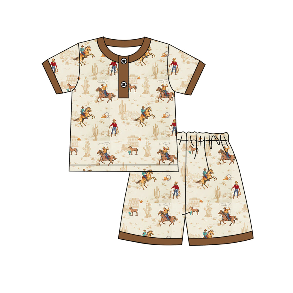 1.5 BSSO1826 Pre order No Moq Baby Boys Cactus Horse Rodeos Button Top Shorts Western Pajamas Sets