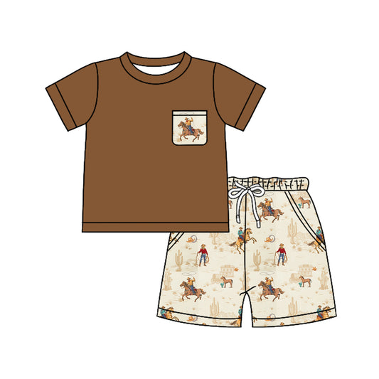 1.5 BSSO1827 Pre order No Moq Baby Boys Pocket Shirts Cactus Horse Rodeos Pockets Short Western Clothes Sets