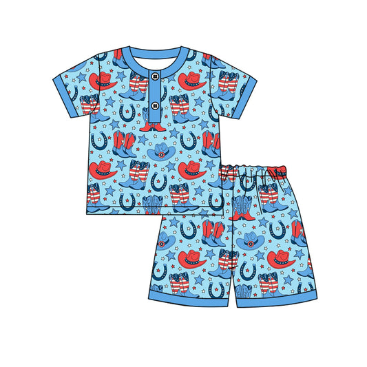 1.5 BSSO1828 Pre order No Moq Baby Boys Stars Hats Boots Button Top Shorts 4th of July Western Pajamas Sets