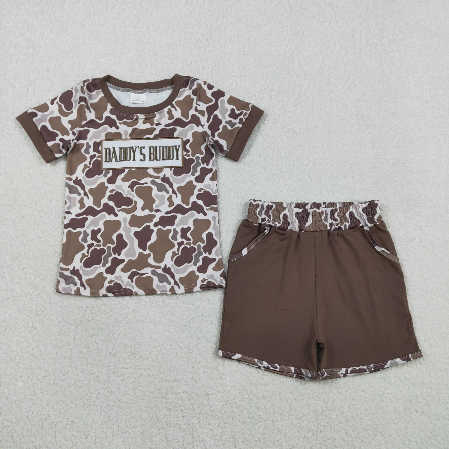 1.27 RTS NO MOQ （In stock）BSSO1832 Embroidery Daddy's Buddy Baby Boys Southern Brown Camo Pockets Shorts Clothes Sets