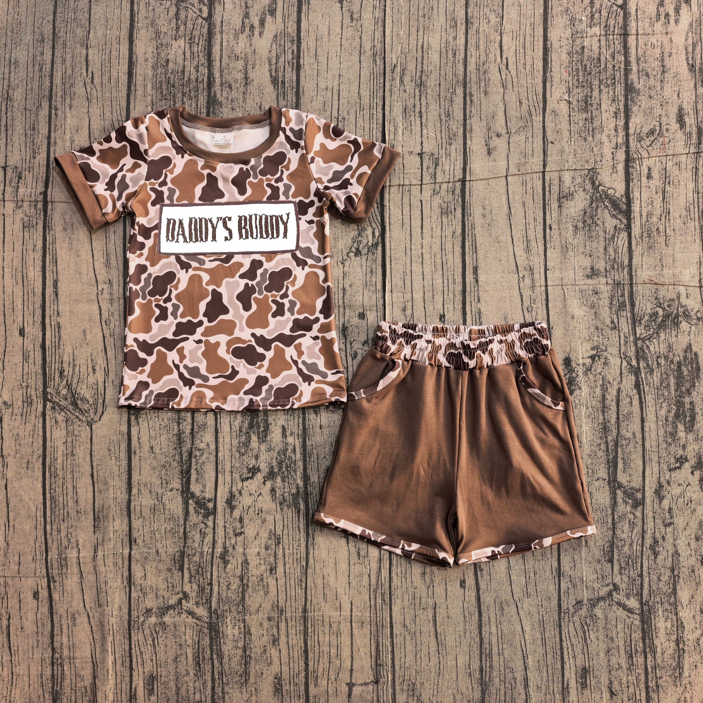 1.7 BSSO1832 Sample No Moq Embroidery Daddy's Buddy Baby Boys Southern Brown Camo Pockets Shorts Clothes Sets