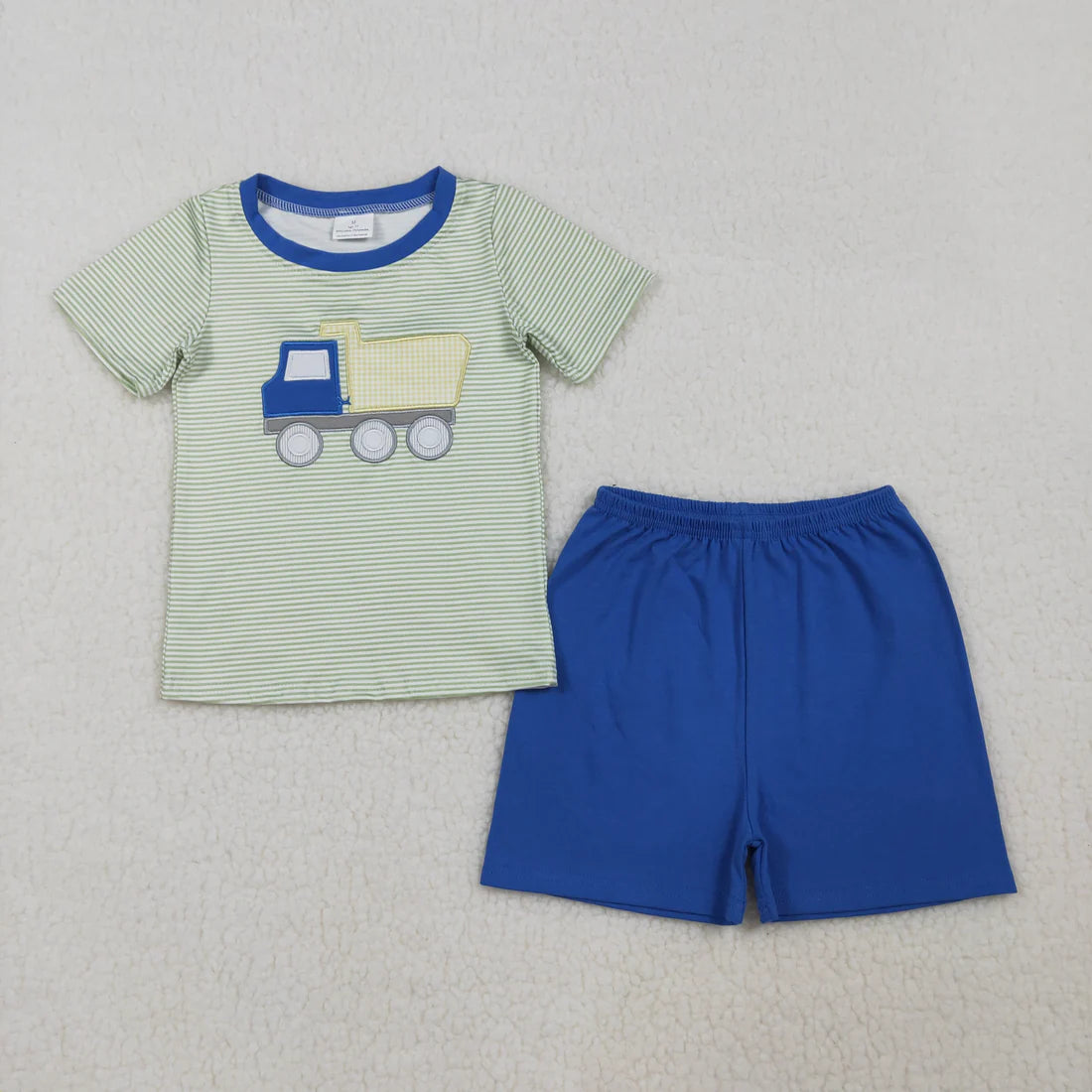 3.26 RTS Sibling Baby Boys Embroidery Tractors Stripe Top Short Clothes Set Rompers