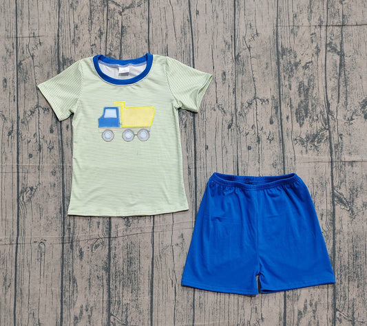 1.19 BSSO1833 Sample No Moq Embroidery Tractors Baby Boys Green Stripe Top Shorts Clothes Sets