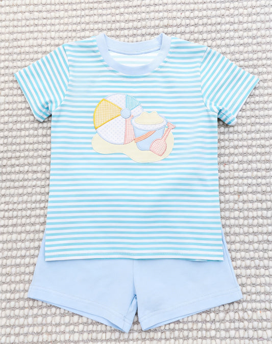 1.5 BSSO1834 Pre order No Moq Baby Boys Blue Stripe Beach Top Shorts Clothes Sets