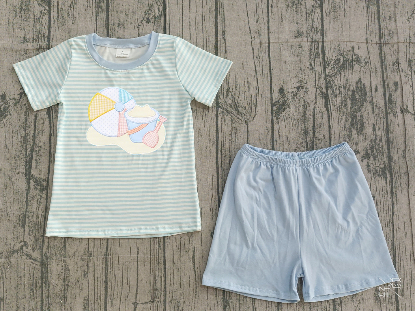 1.12 BSSO1834 Sample No Moq Embroidery Beach Baby Boys Blue Stripe Top Shorts Clothes Sets