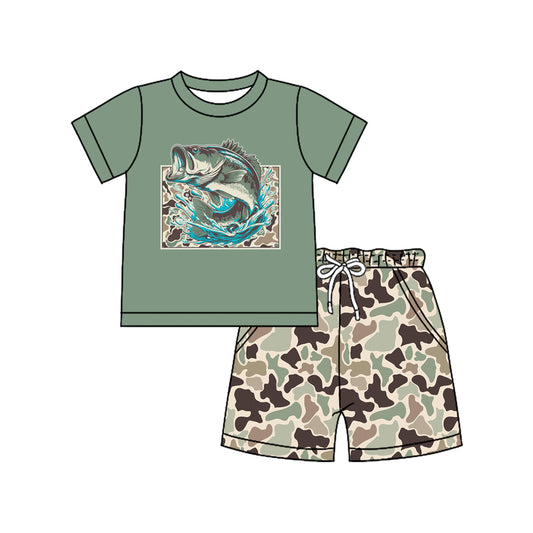 1.6 BSSO1835 Pre order No Moq Baby Boys Southern Green Fish Top Pockets Shorts Clothes Sets