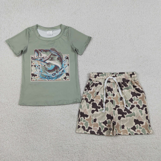 3.30 RTS NO MOQ （In stock）BSSO1835 Short sleeves fish camo top shorts kids boys outfits