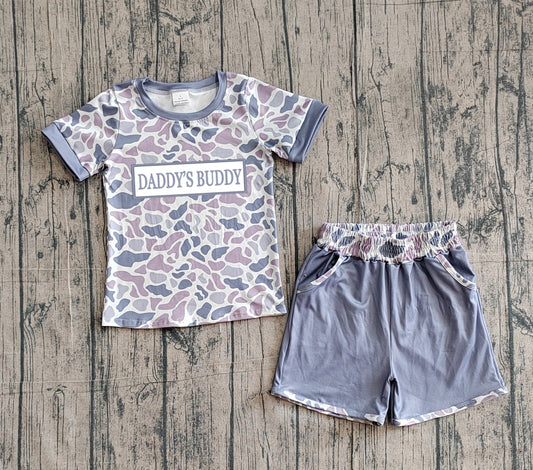 3.11 BSSO1838 Sample No Moq Summer Baby Boys Embroidery Daddy's Buddy Light Grey Camo Top Pockets Shorts Clothes Sets