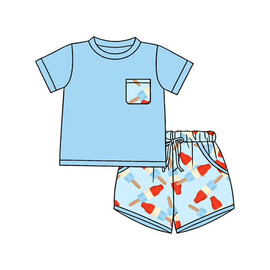 1.5 BSSO1844 Pre order No Moq Baby Boys Blue Shirt Top Popsicle Pockets Shorts 4th of July Clothes Sets