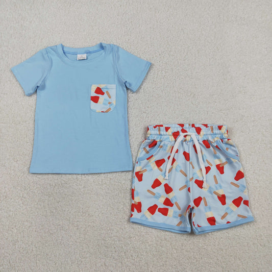 1.22 RTS NO MOQ （In stock）BSSO1844 Baby Boys Blue Shirt Top Popsicle Pockets Shorts 4th of July Clothes Sets