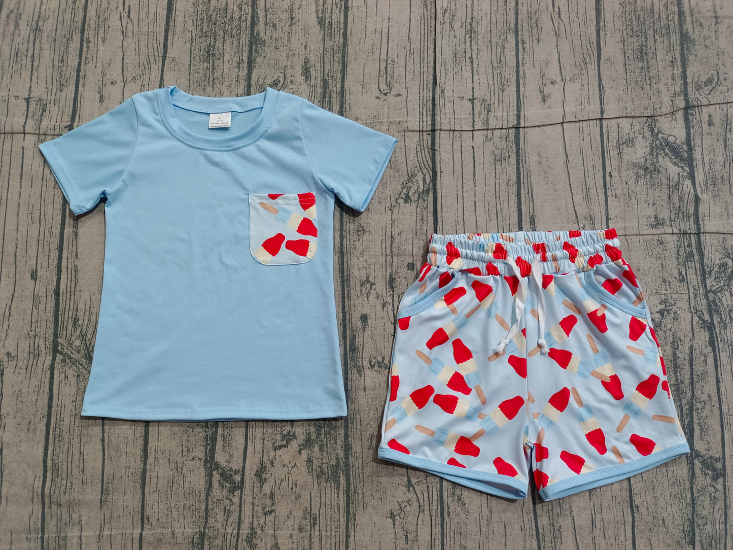 1.9 BSSO1844 Sample No Moq Baby Boys Blue Shirt Top Popsicle Pockets Shorts 4th of July Clothes Sets
