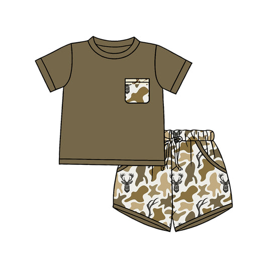 1.5 BSSO1845 Pre order No Moq Baby Boys Shirt Top Southern Deer Camo Pockets Shorts Hunting Clothes Sets