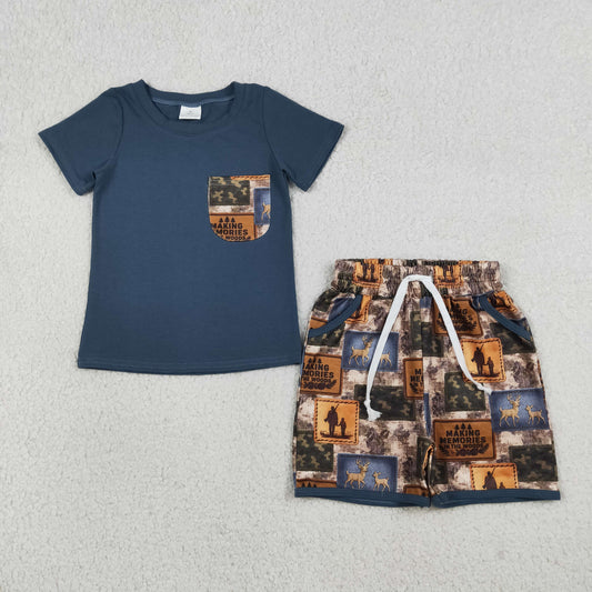 3.24 RTS NO MOQ （In stock）BSSO1846 Fashion Clothing For Baby Boys Short Sleeve Shirt Top Deer Camo Checked Pockets Shorts Hunting Clothes Sets