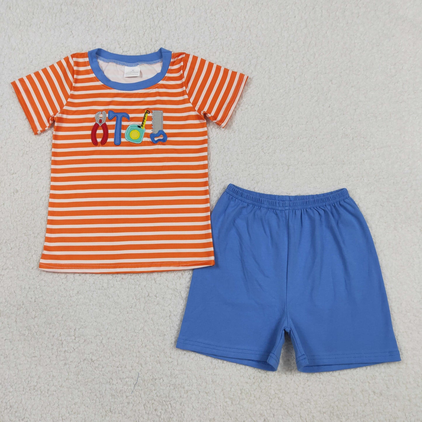 RTS Sibling Short sleeves stripe tools embroidery top shorts boys outfits and romper