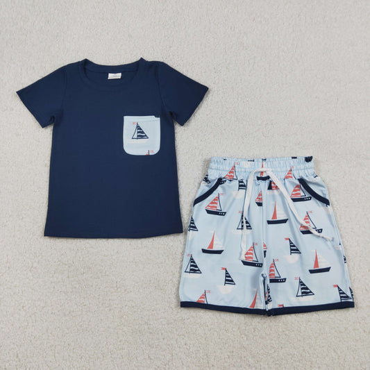 3.27 RTS NO MOQ （In stock）BSSO1855 Fashion Clothing For Baby Boys Short Sleeve Navy Shirt Top Boats Pockets Shorts Clothes Sets