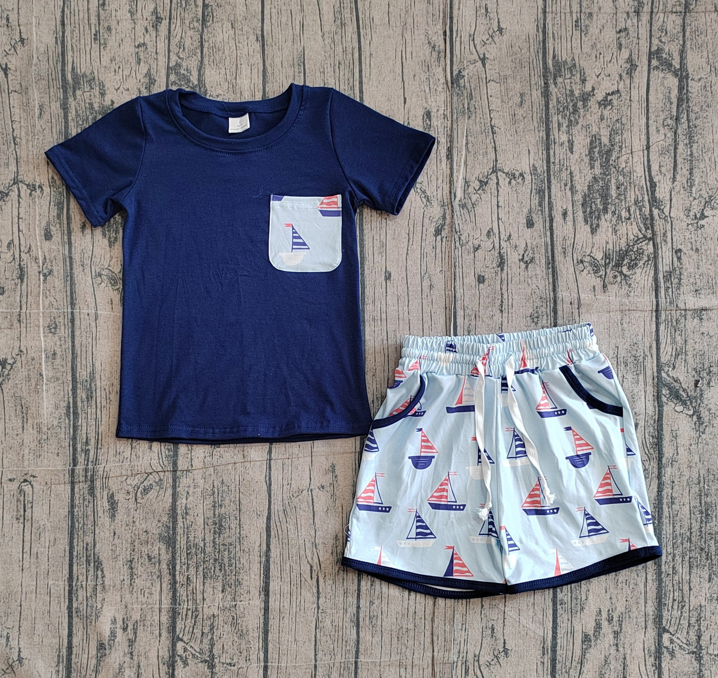 3.11 BSSO1855 Sample No Moq Summer Baby Boys Navy Short Sleeve Shirt Top Boats Pockets Shorts Clothes Sets