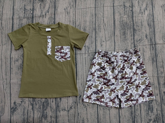 3.24 BSSO1856 Sample No Moq Summer Baby Boys Short Sleeve Olive Button Pocket Top Ducks Camo Shorts Hunting Clothes Sets