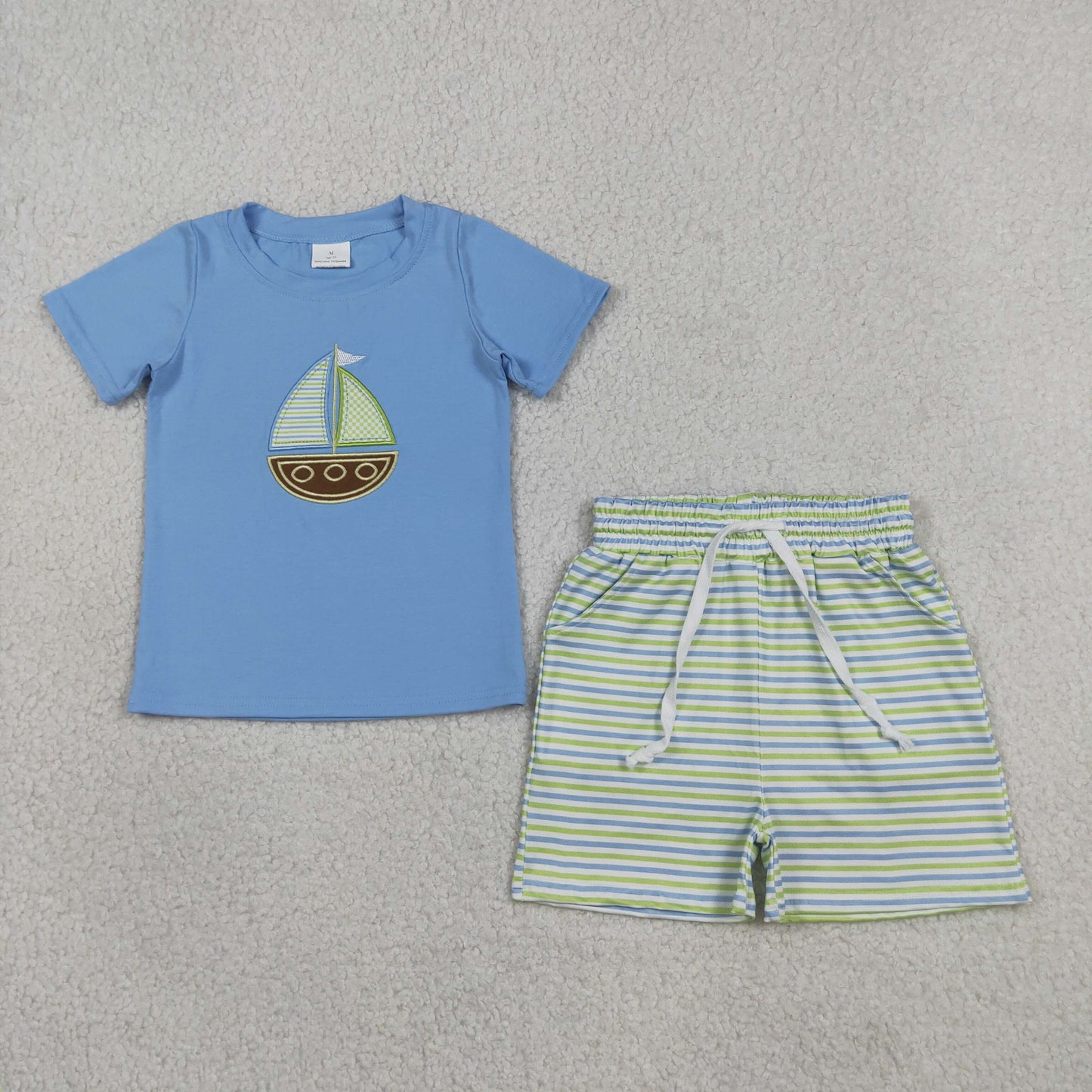 BSSO1860 RTS NO MOQ （In stock ）Short sleeves boat embroidery top stripe shorts boys outfits