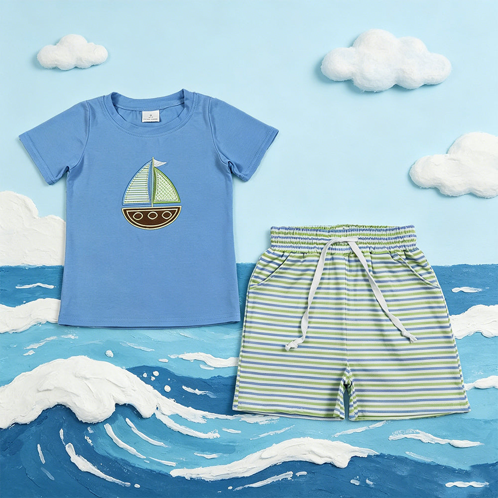 BSSO1860 RTS NO MOQ （In stock ）Short sleeves boat embroidery top stripe shorts boys outfits