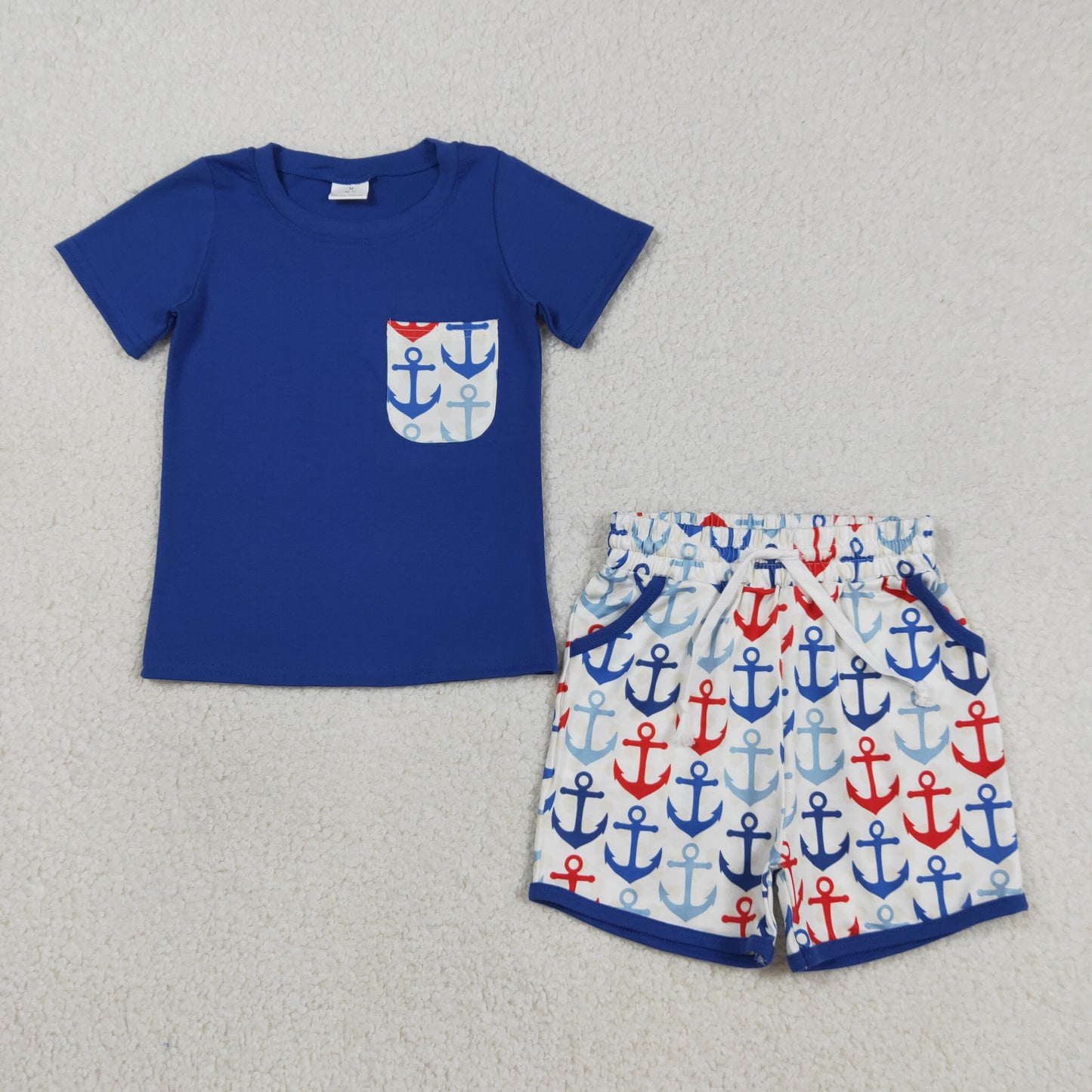 3.18 RTS NO MOQ （In stock）BSSO1874 Fashion Clothing For Baby Boys Hot Blue Shirt Top Boats Fishing Pocket Shorts Clothes Sets