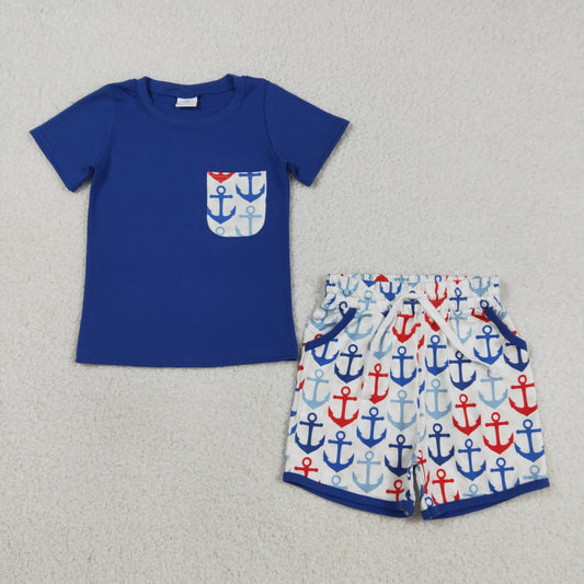 3.18 RTS NO MOQ （In stock）BSSO1874 Fashion Clothing For Baby Boys Hot Blue Shirt Top Boats Fishing Pocket Shorts Clothes Sets