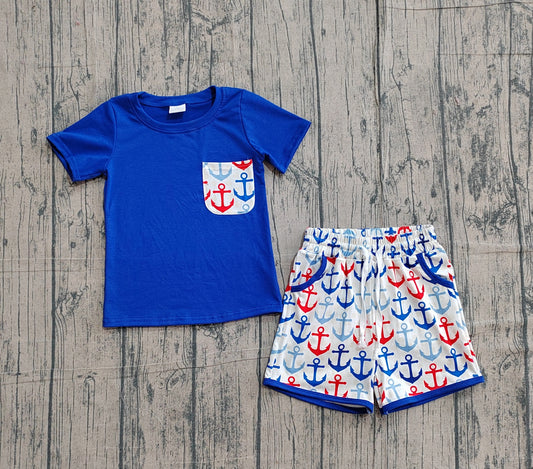 3.7 BSSO1874 Sample No Moq Summer Baby Boys Navy Shirt Top Boats Pocket Shorts Clothes Sets