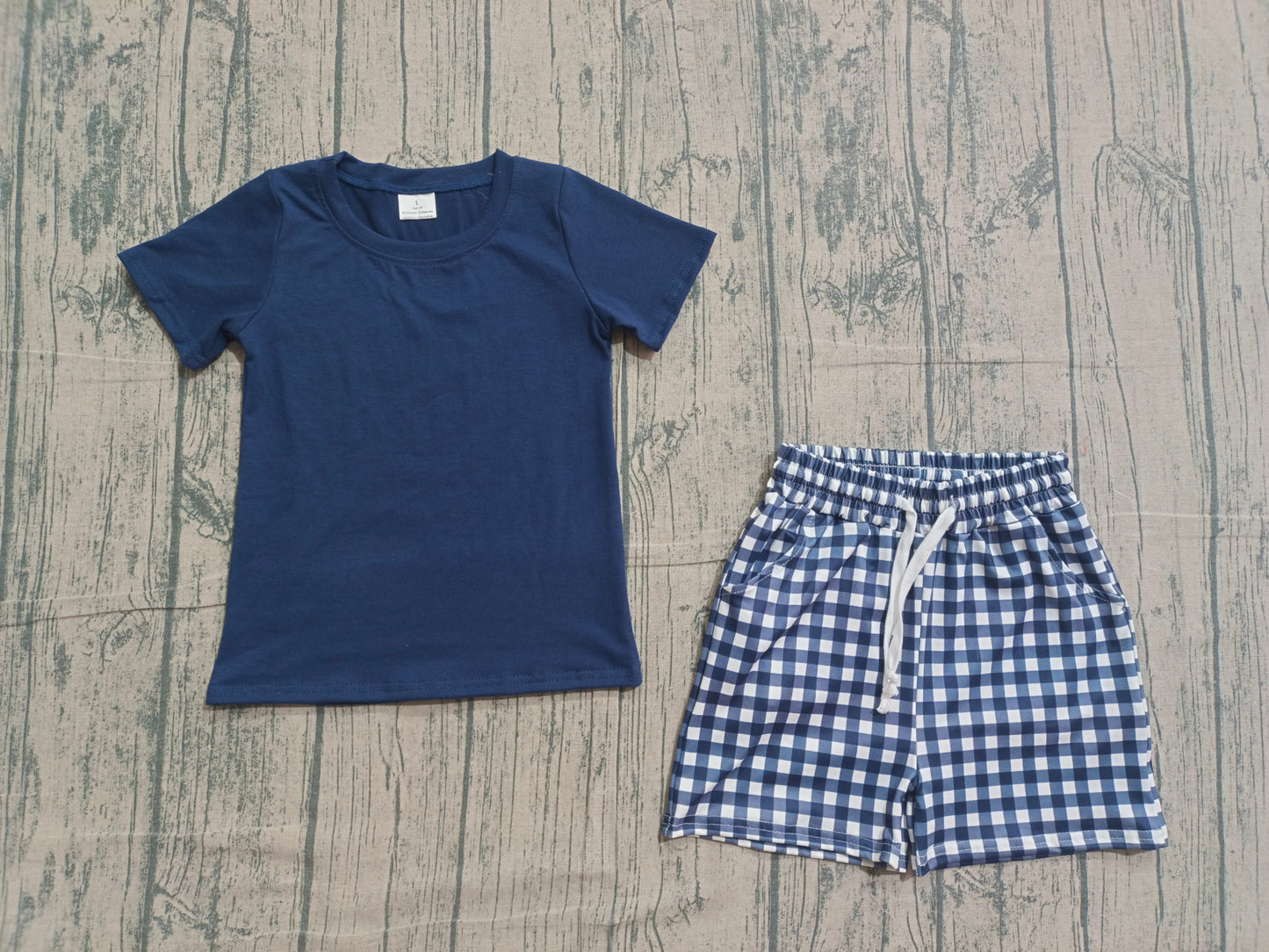 1.31 BSSO1882 Sample No Moq Baby Boys Navy Shirts Top Checked Pockets Shorts Clothes Sets