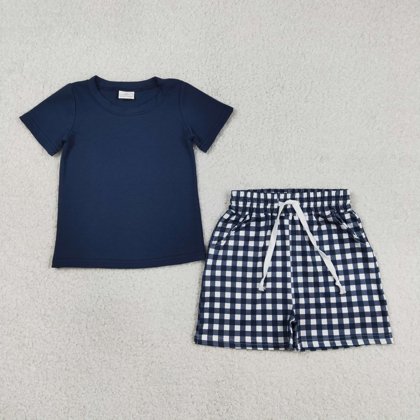 3.12 RTS NO MOQ （In stock）BSSO1882 Kids Clothing for Baby Boys Short Sleeve Navy Shirts Top Checked Pockets Short Clothes Sets