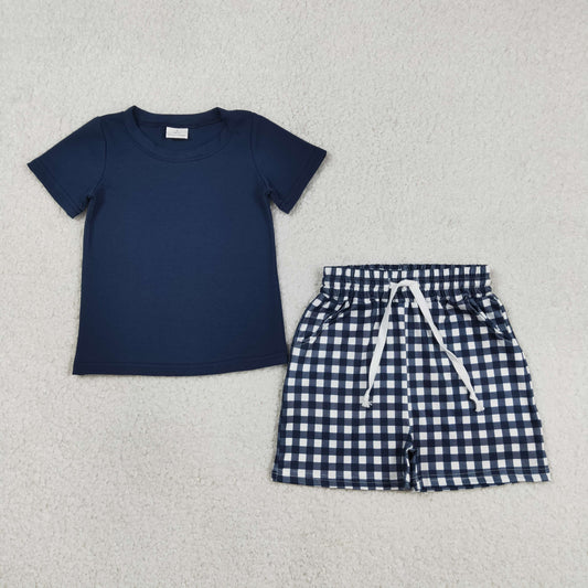 3.12 RTS NO MOQ （In stock）BSSO1882 Kids Clothing for Baby Boys Short Sleeve Navy Shirts Top Checked Pockets Short Clothes Sets