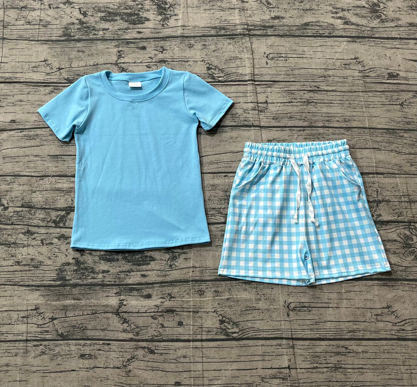 1.24 BSSO1883 Sample No Moq Baby Boys Light Blue Shirts Top Checked Pockets Shorts Clothes Sets