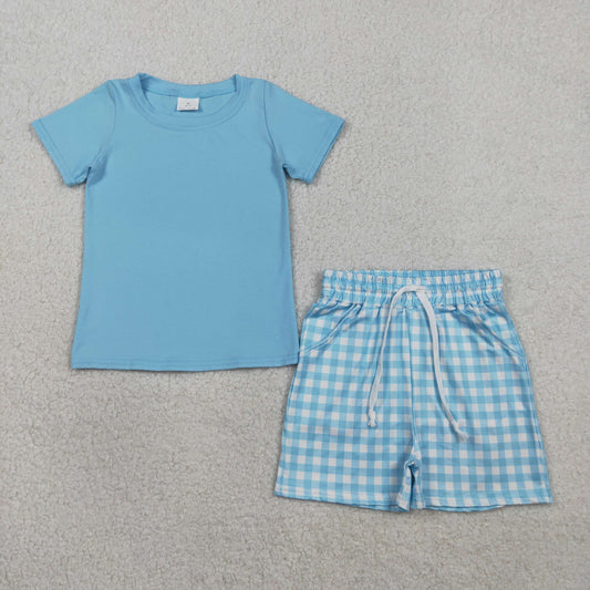 2.7 RTS NO MOQ （In stock）BSSO1883 Baby Boys Blue Short Sleeve Top Checked Pockets Shorts Clothes Sets