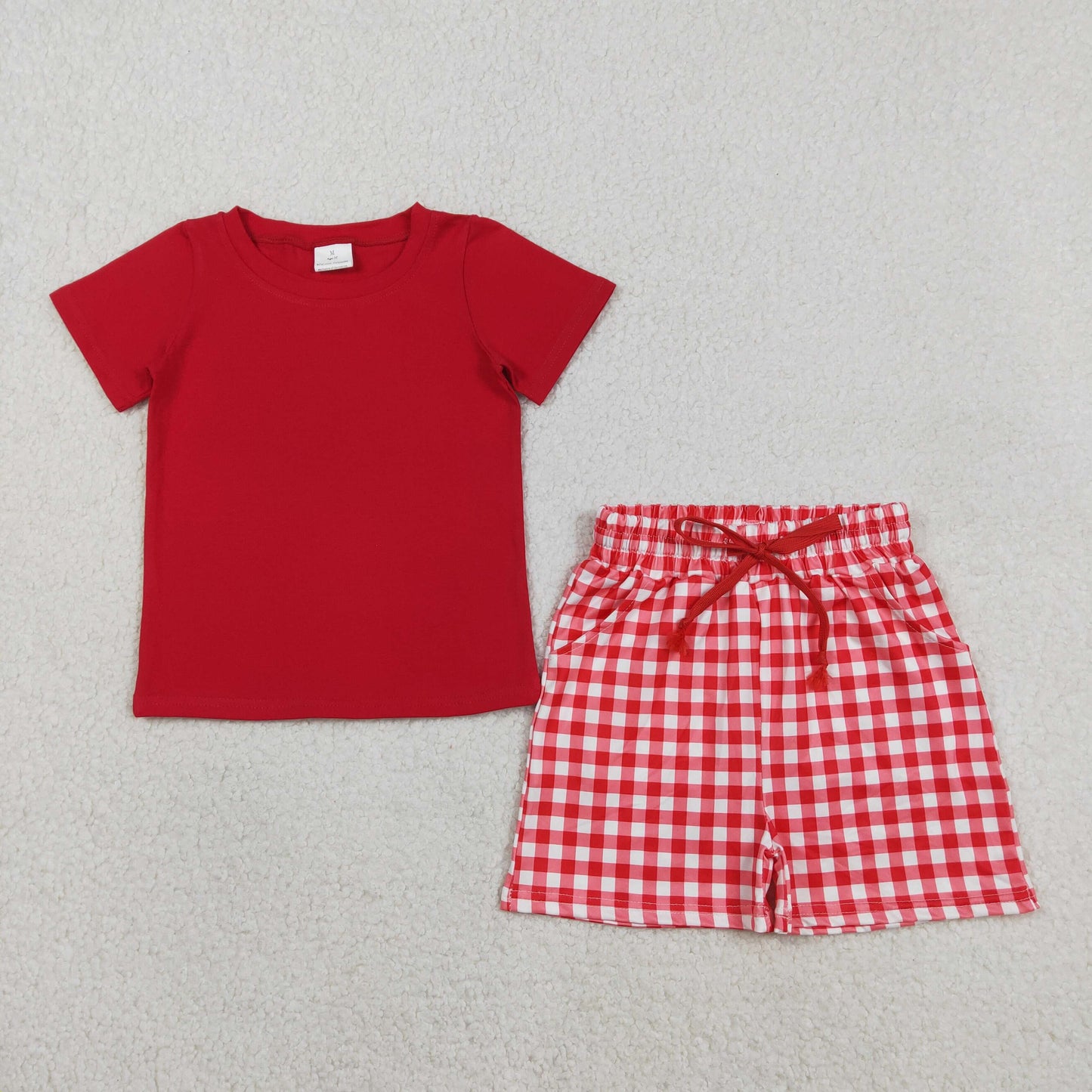 3.7 RTS NO MOQ （In stock）BSSO1884 Children's Fashion Set Baby Boys Red Shirts Top Checked Pockets Shorts Clothes Sets