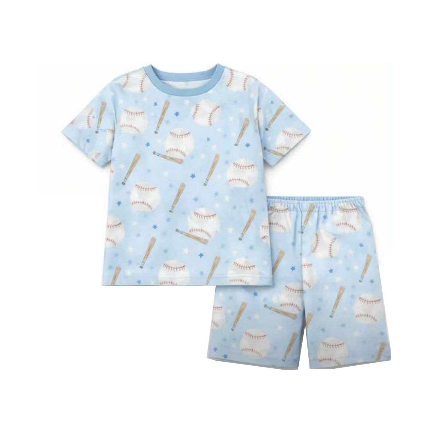 1.16 BSSO1890 Pre order No Moq Baby Boys Blue Stars Baseballs Top Shorts Team Pajamas Sets