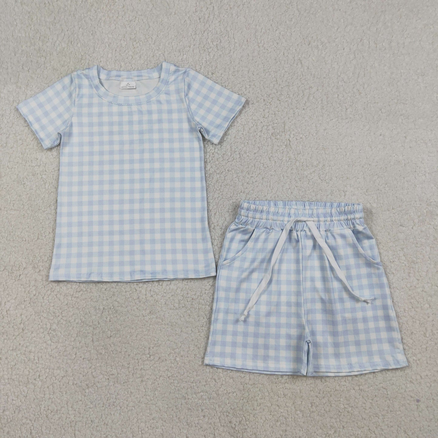 3.26 RTS NO MOQ （In stock）BSSO1896 Fashion Clothing For Baby Boys Short Sleeve Light Blue Checked Top Pockets Shorts Clothes Sets