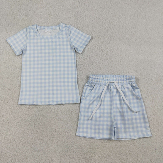 3.26 RTS NO MOQ （In stock）BSSO1896 Fashion Clothing For Baby Boys Short Sleeve Light Blue Checked Top Pockets Shorts Clothes Sets