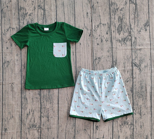 3.10 BSSO1899 Sample No Moq Summer Baby Boys Dark Green Ducks Pocket Top Hunting Shorts Clothes Sets