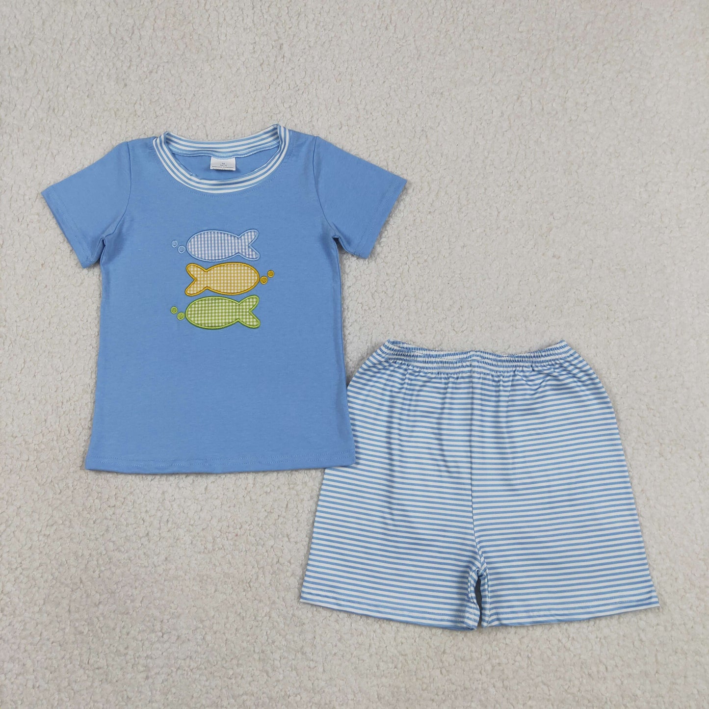 RTS Sibling Short sleeves fish top plaid shorts kids outfits and romper
