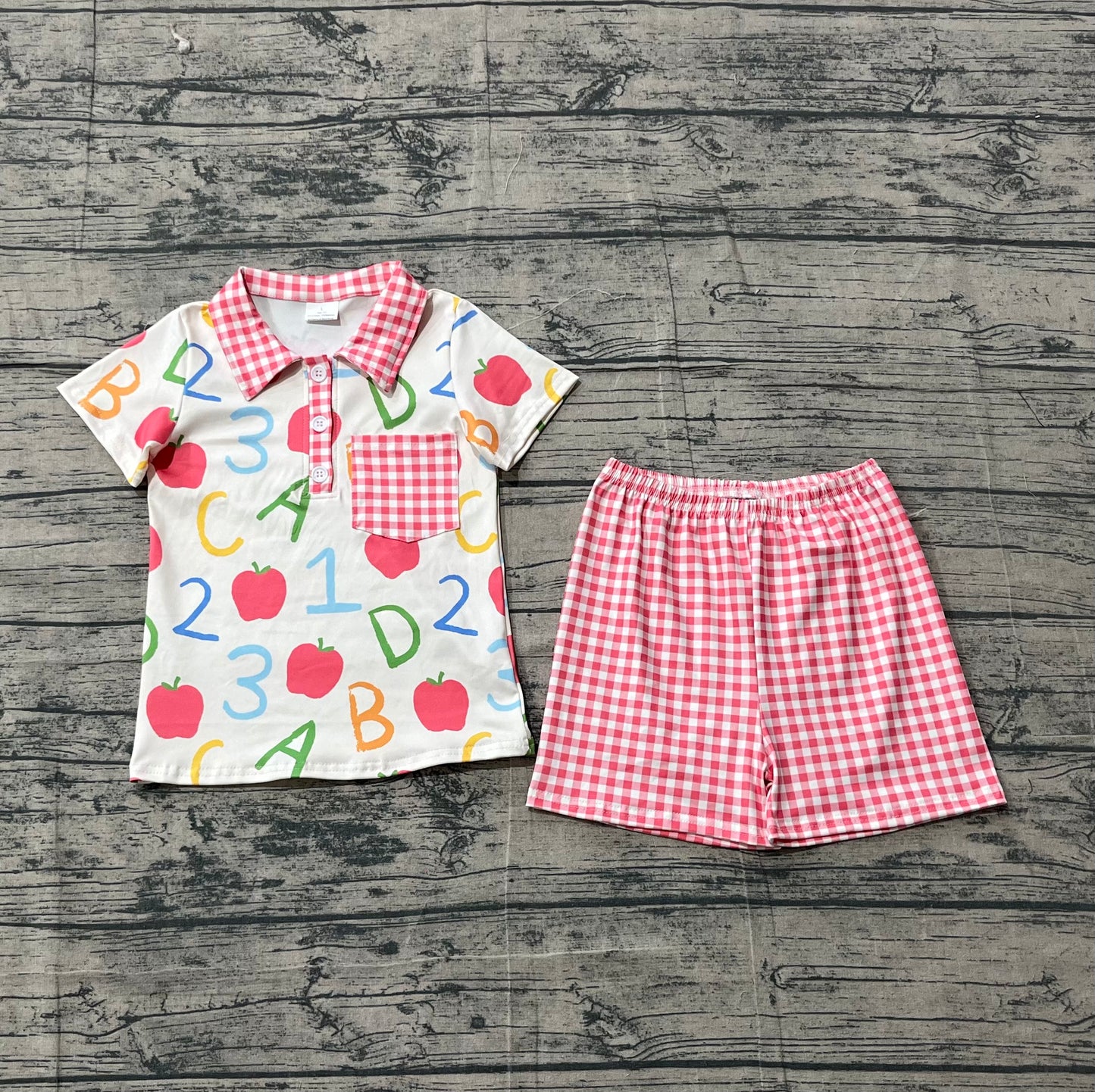 3.14 BSSO1913 Sample No Moq Summer Baby Boys Short Sleeve Apples ABC Pocket Button Top Checked Shorts Back to School Sets