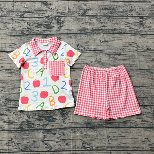 3.14 BSSO1913 Sample No Moq Summer Baby Boys Short Sleeve Apples ABC Pocket Button Top Checked Shorts Back to School Sets