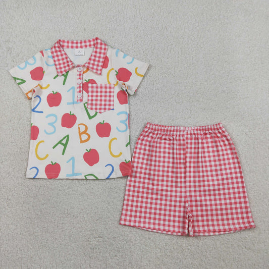 3.28 RTS NO MOQ （In stock）BSSO1913 ABC apple polo shirt plaid shorts boys back to school set