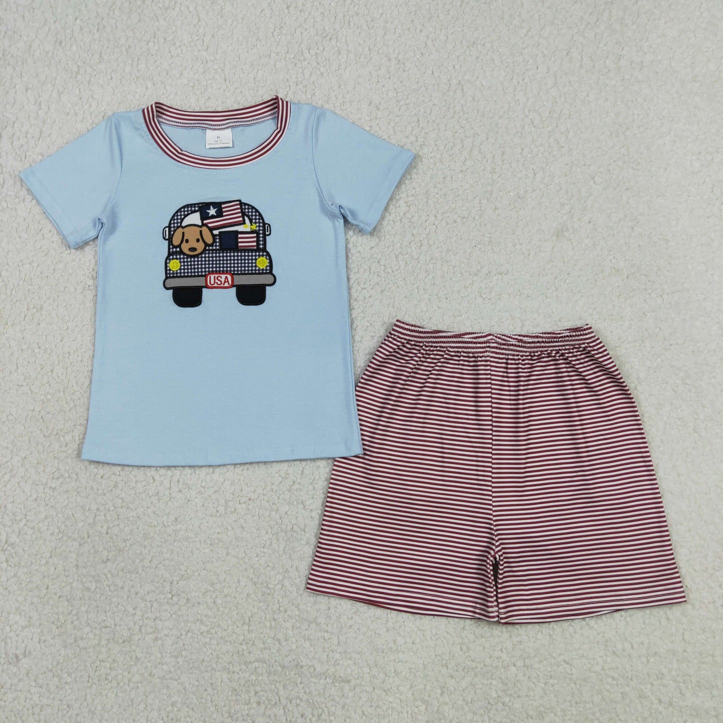 BSSO1918 RTS NO MOQ （In stock ）Dog flag truck embroidery kids boys 4th of july outfits