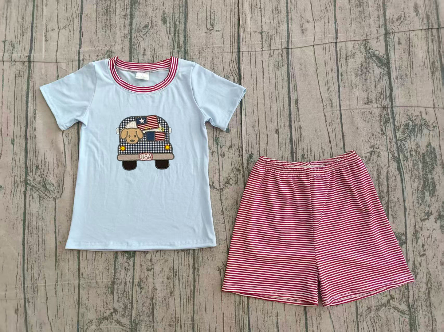 2.11 BSSO1918 Sample No Moq Summer Embroidery Dog Flag Trucks Baby Boys Top Stripe Shorts 4th of July Clothes Sets