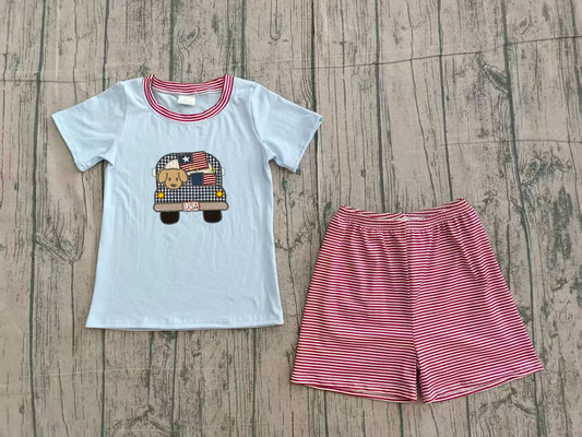 2.11 BSSO1918 Sample No Moq Summer Embroidery Dog Flag Trucks Baby Boys Top Stripe Shorts 4th of July Clothes Sets