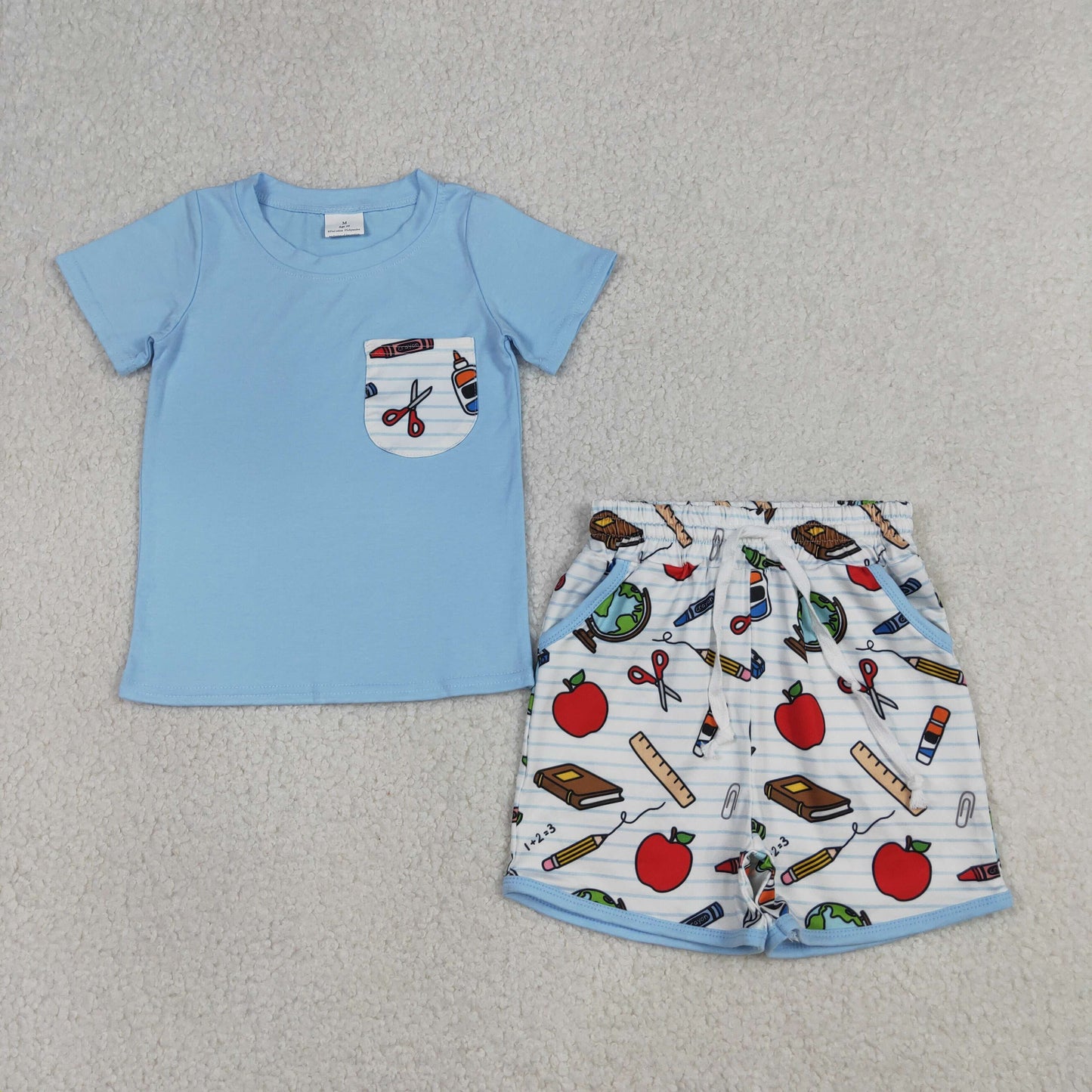 4.7 BSSO1921 RTS NO MOQ （In stock ）Baby Boys Apples Pencils Top Pockets Shorts Back to School Clothes Sets