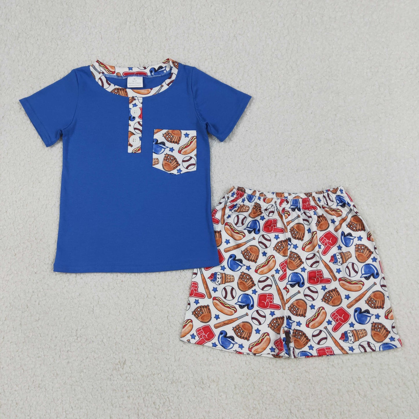 4.14 BSSO1922 RTS NO MOQ （In stock ）Short sleeves pocket top baseball shorts kids boys outfits