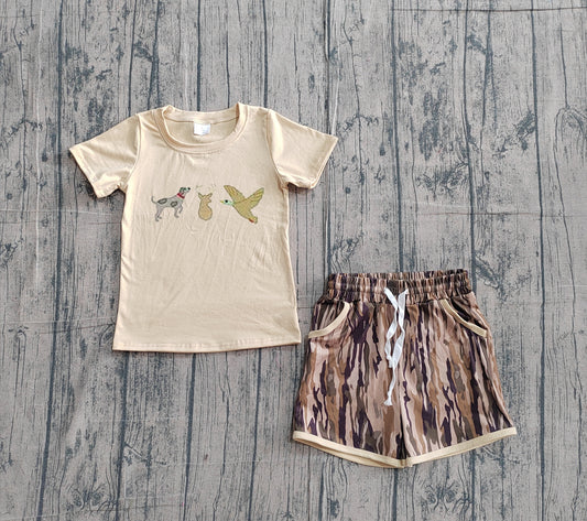 2.4 BSSO1927 Sample No Moq Embroidery Dog Ducks Deer Baby Boys Top Olive Camo Pockets Shorts Hunting Sets