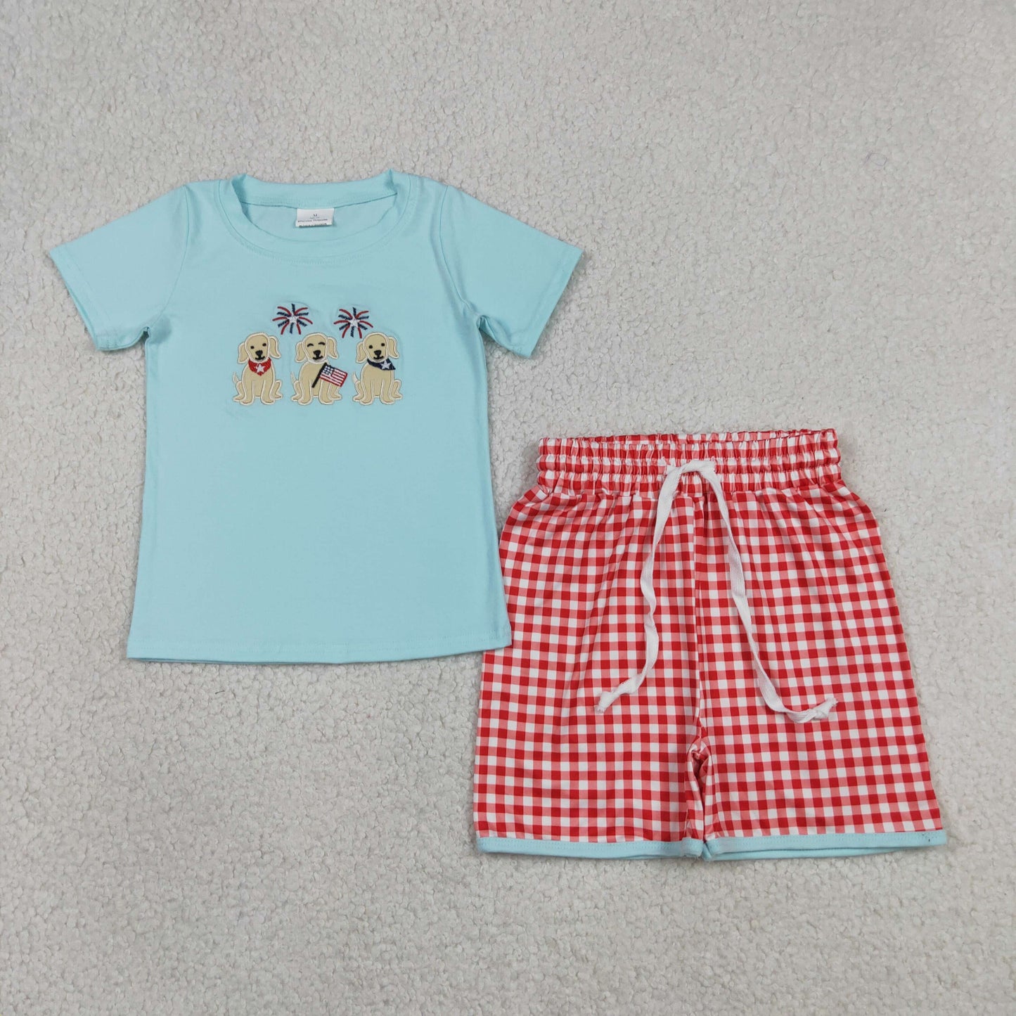 4.8 BSSO1934 RTS NO MOQ （In stock）Embroidery Flag Dogs Baby Boys Top Checked Shorts 4th of July Clothes Sets