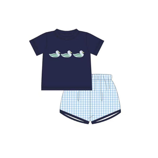 2.27 BSSO1938 Pre order No Moq Cute Casual Clothing For Boys Baby Boys Navy Ducks Top Checked Short Hunting Clothes Sets